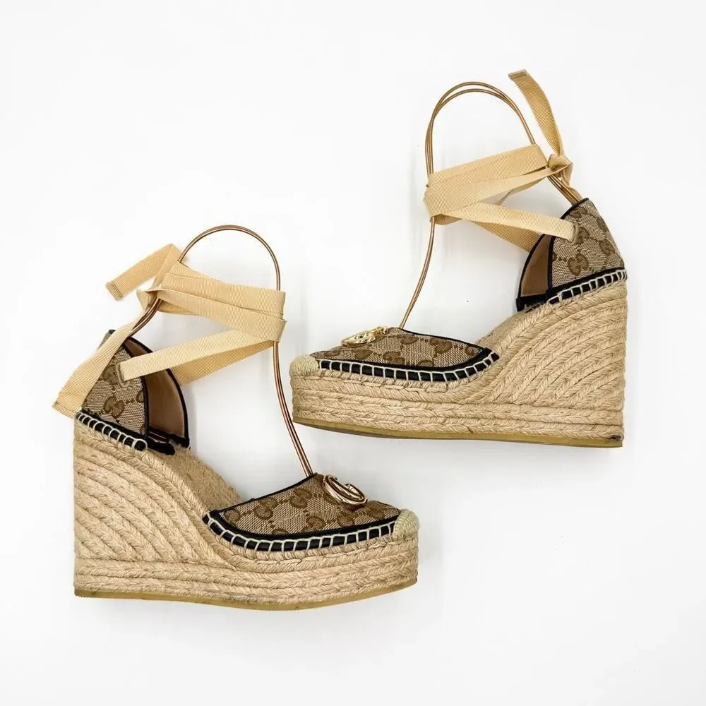 Gucci GG Espadrille Wedge Sandal EU 38 US 8 Monogram Canvas Ankle Wrap